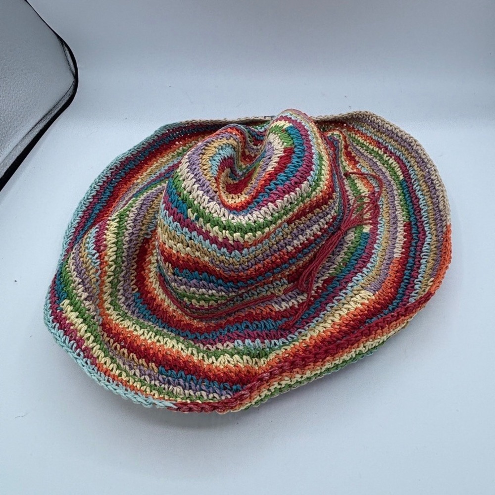 Womens Rainbow Crochet Straw Sun Hat Multicolor Raffia Beach Resort Boho Garden